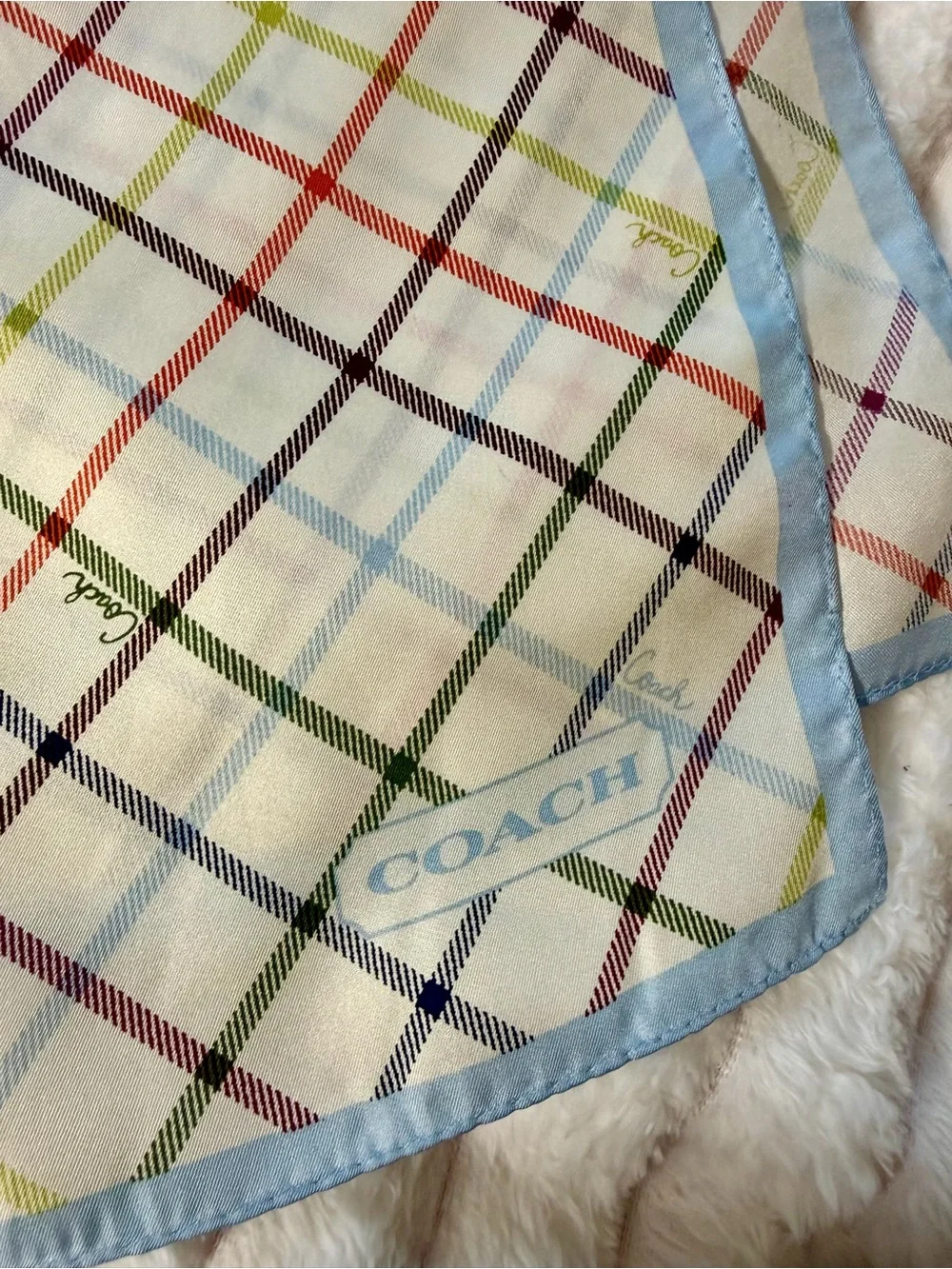 Vintage Coach Women's Tattersall Scarf, Pastel blue Trim, 100% Silk, Oblong ~Y2K